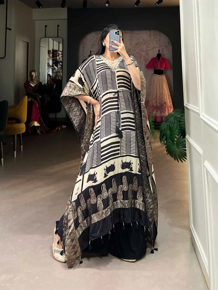 Cream Real Mirror And Hand Work With Zari Border Kaftan - qivii