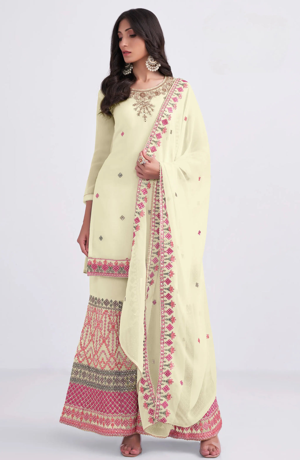 Light Yellow Multi Thread Sequins Embroidery Hand Work Georgette Sharara Suit