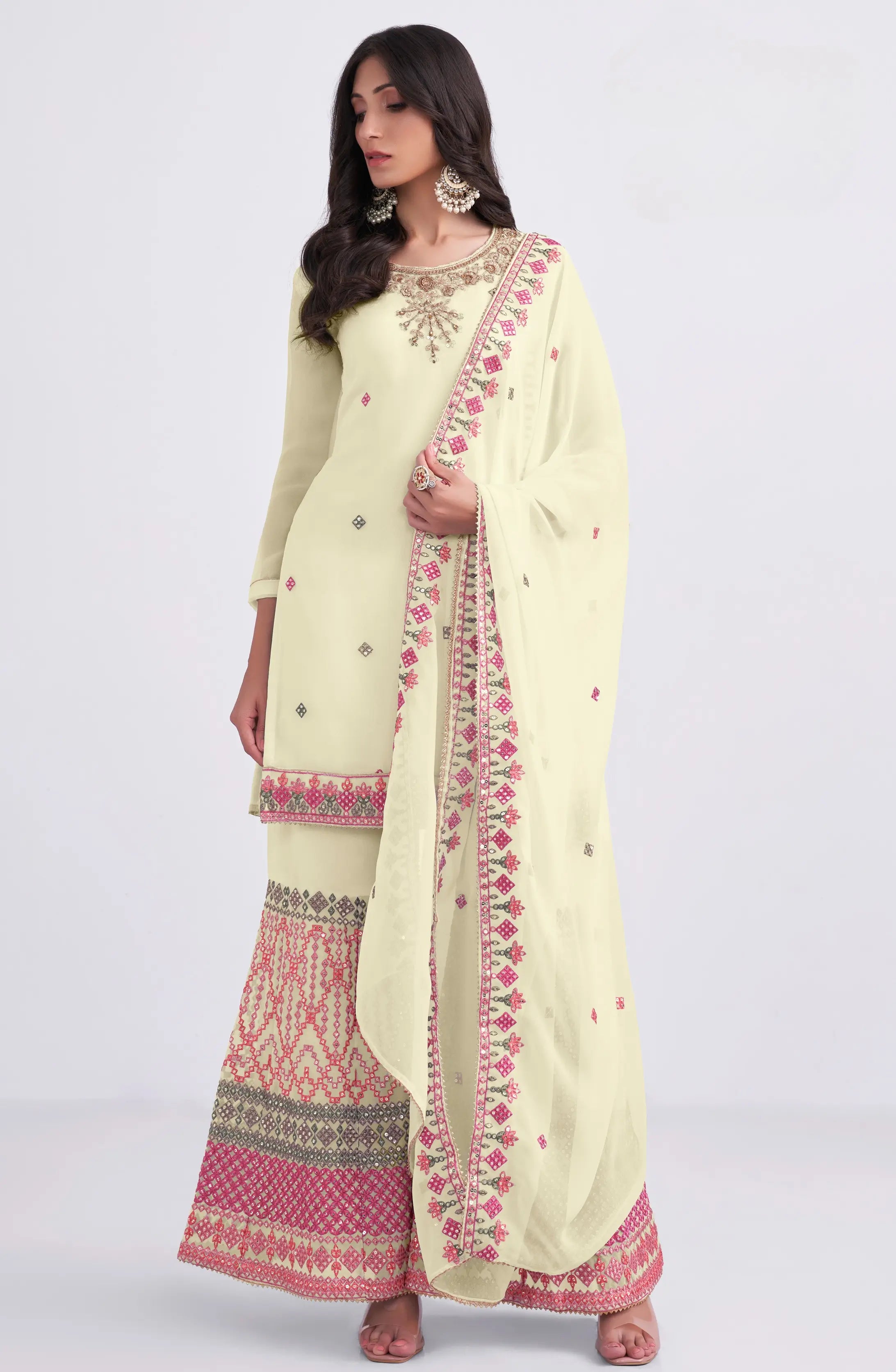 Light Yellow Multi Thread Sequins Embroidery Hand Work Georgette Sharara Suit