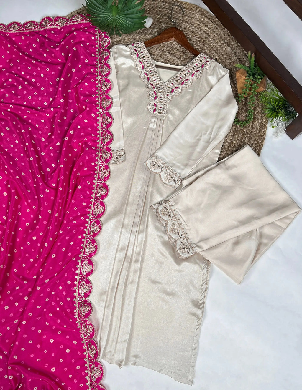 Cream Silk Suit Embroidery with Badhej Print Pink Dupatta