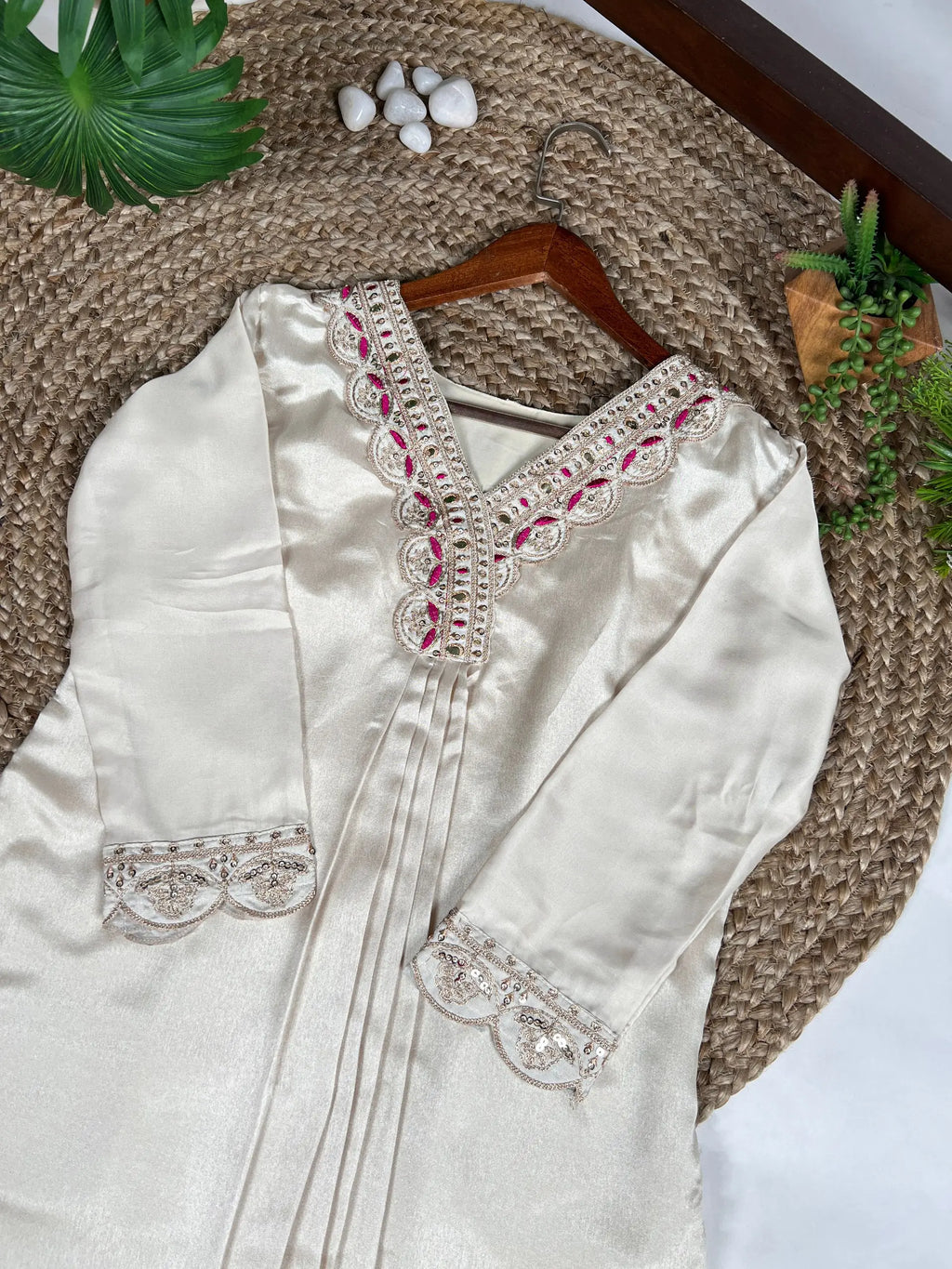 Cream Silk Suit Embroidery with Badhej Print Pink Dupatta