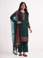 Deep Green Multi thread Zari Sequins Embroidery Floral Work Georgette  Salwar Suit Set