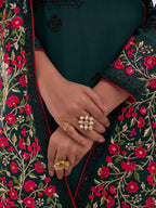 Deep Green Multi thread Zari Sequins Embroidery Floral Work Georgette  Salwar Suit Set