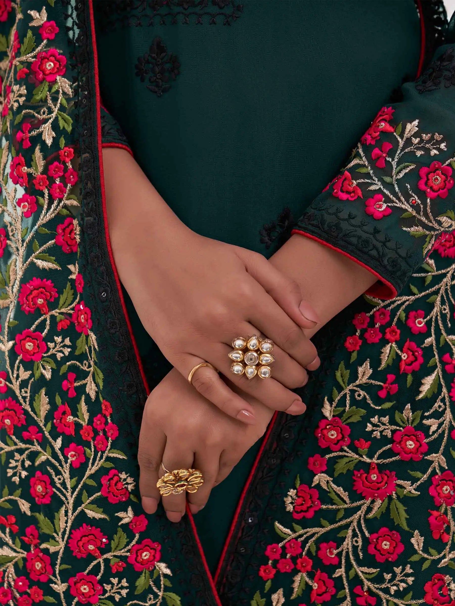 Deep Green Multi thread Zari Sequins Embroidery Floral Work Georgette  Salwar Suit Set