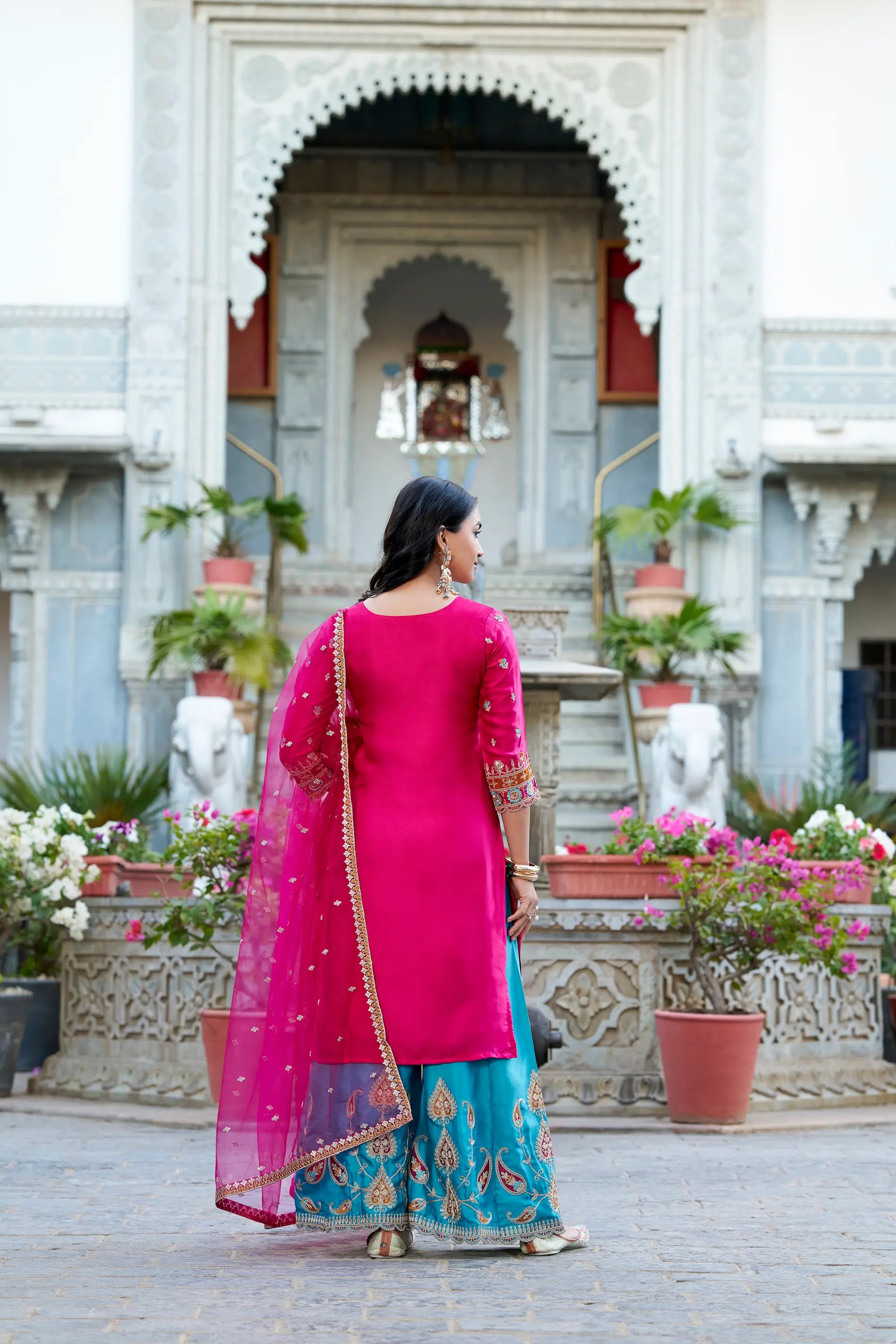 Dark Pink Moonga Silk Palazzo Salwar Suit With Embroidery Work