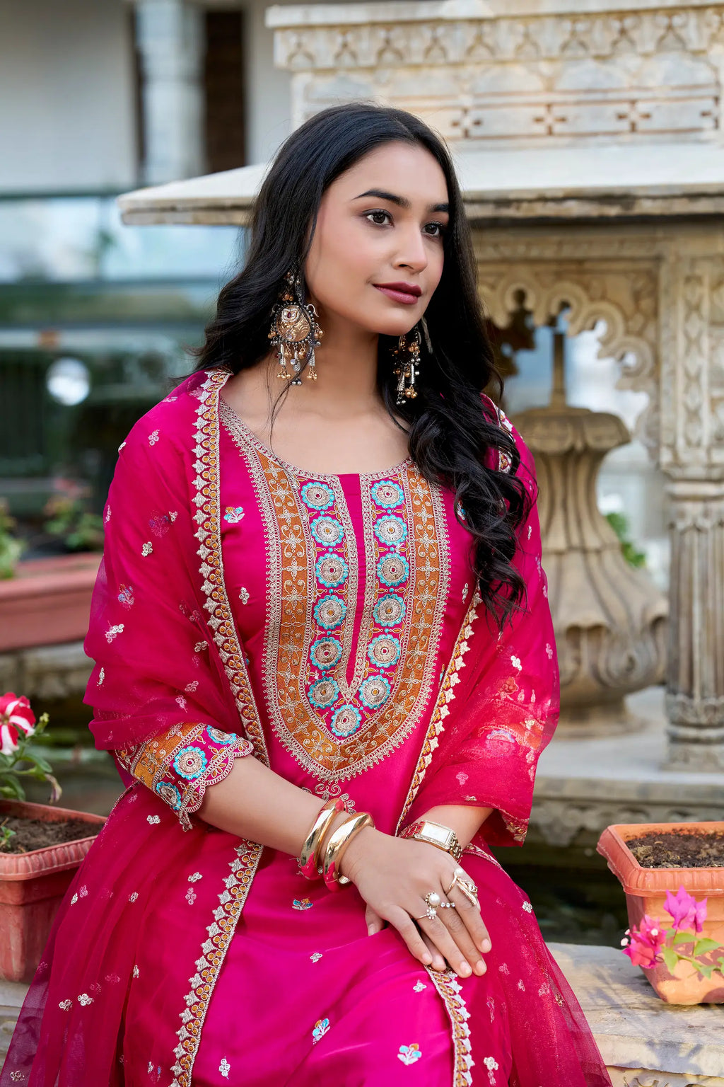 Dark Pink Moonga Silk Palazzo Salwar Suit With Embroidery Work