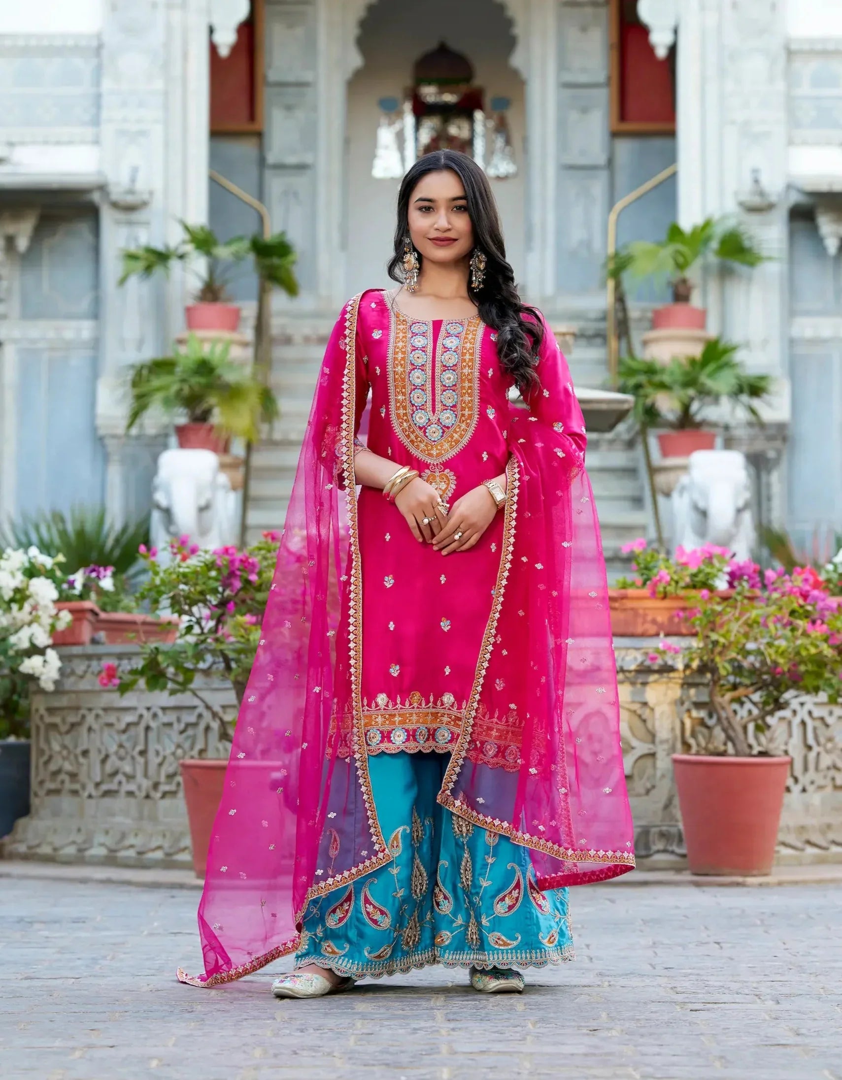 Dark Pink Moonga Silk Palazzo Salwar Suit With Embroidery Work