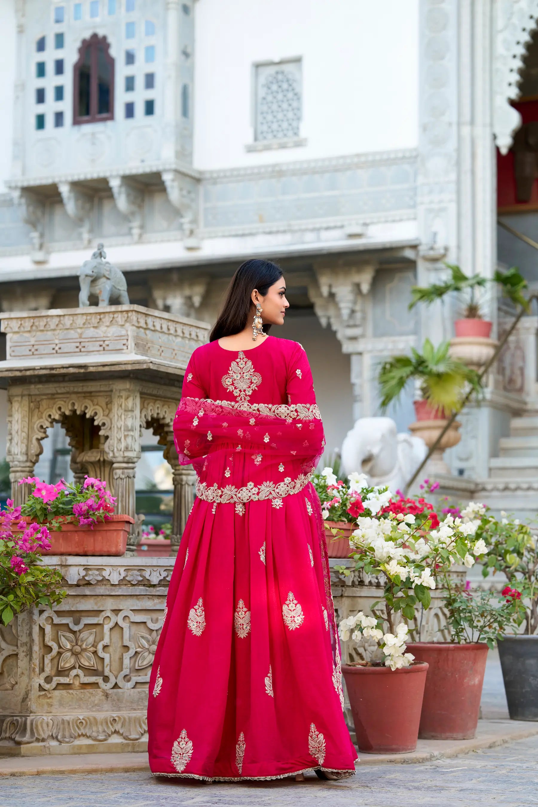Dark Pink Vichitra Silk Gown With Thread & Sequins Embroidery Work