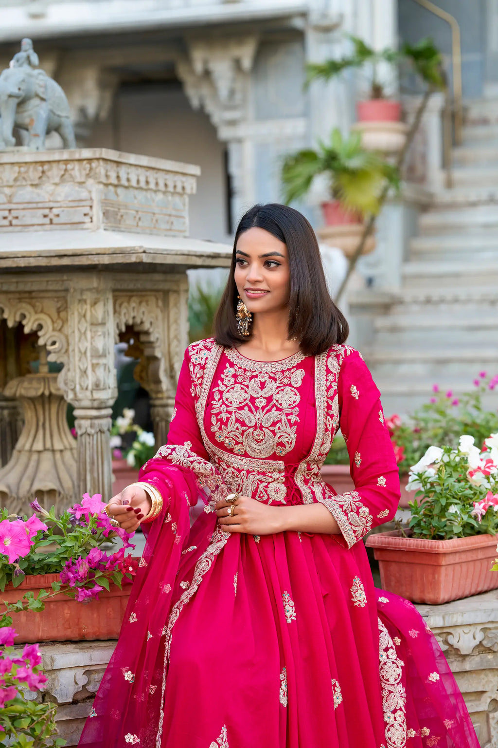 Dark Pink Vichitra Silk Gown With Thread & Sequins Embroidery Work