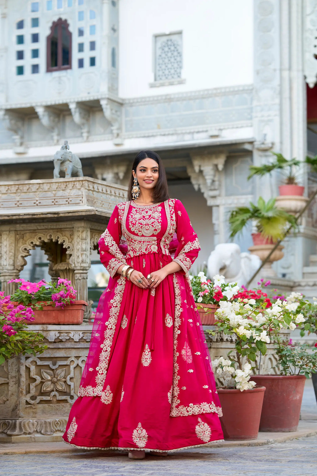 Dark Pink Vichitra Silk Gown With Thread & Sequins Embroidery Work
