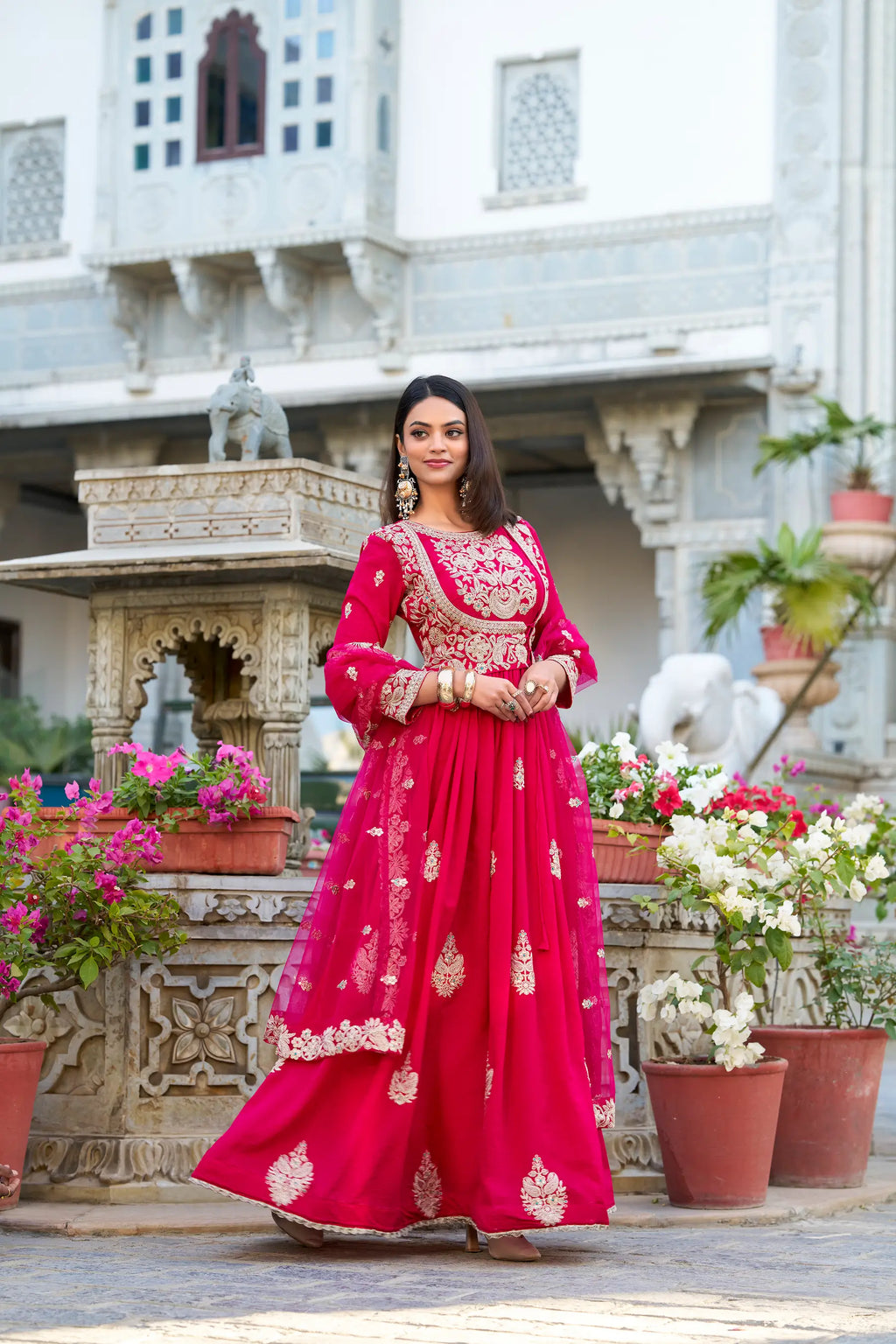Dark Pink Vichitra Silk Gown With Thread & Sequins Embroidery Work