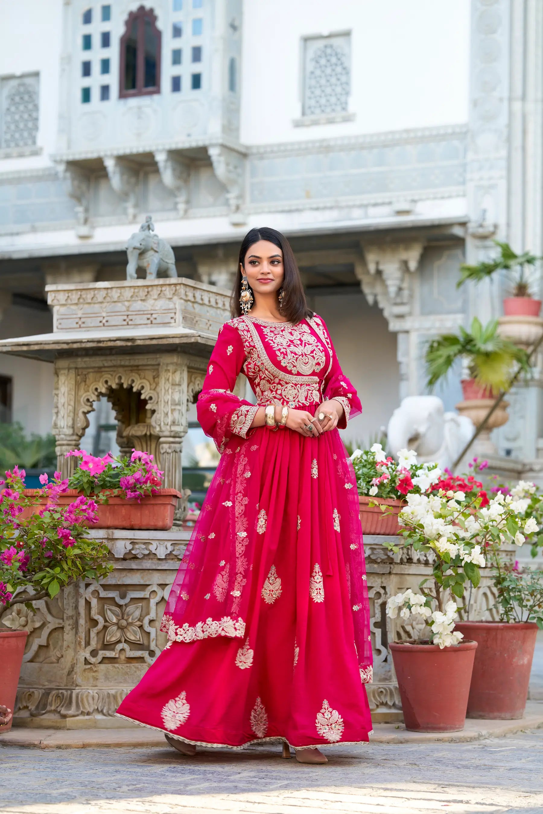 Dark Pink Vichitra Silk Gown With Thread & Sequins Embroidery Work