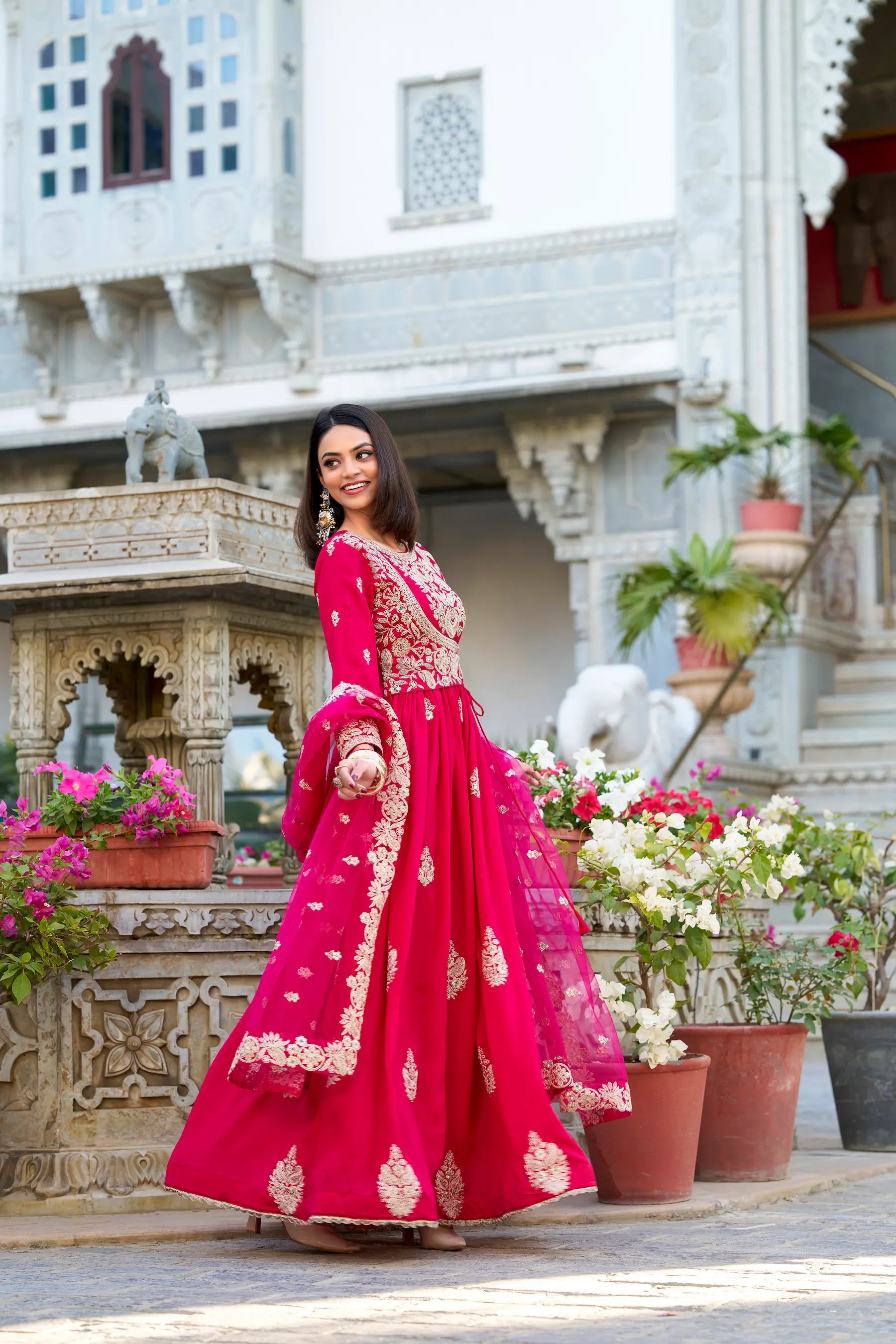 Dark Pink Vichitra Silk Gown With Thread & Sequins Embroidery Work