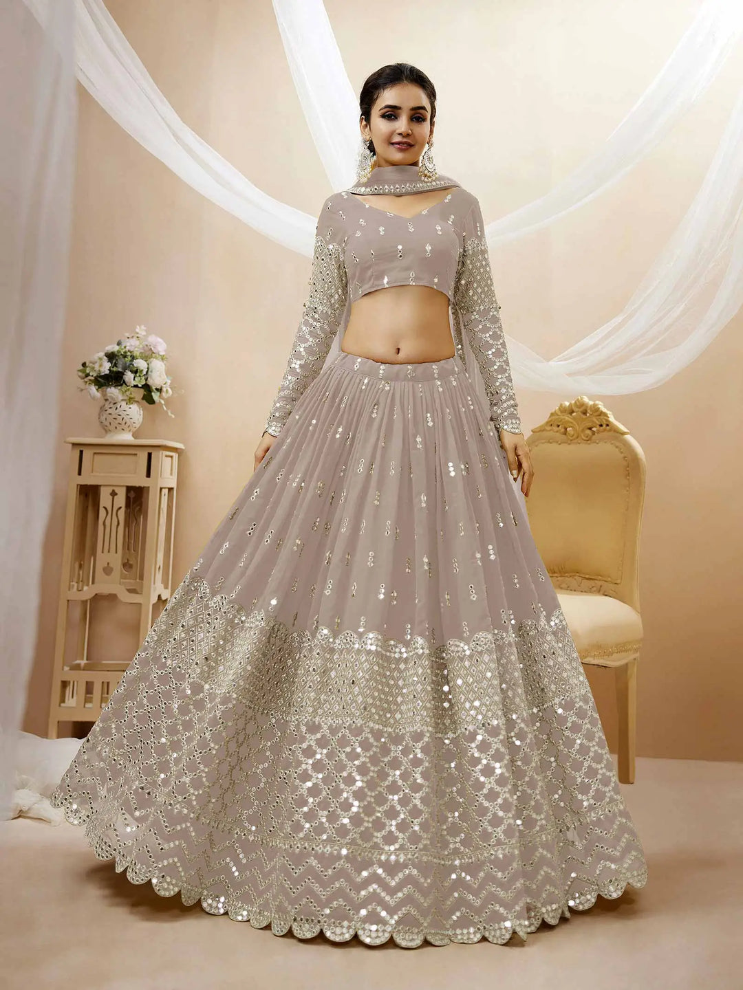 Grey Georgette Lehenga choli With Sequence And Zari Embroidery Work With Soft Net dupatta | Ready To Wear - qivii
