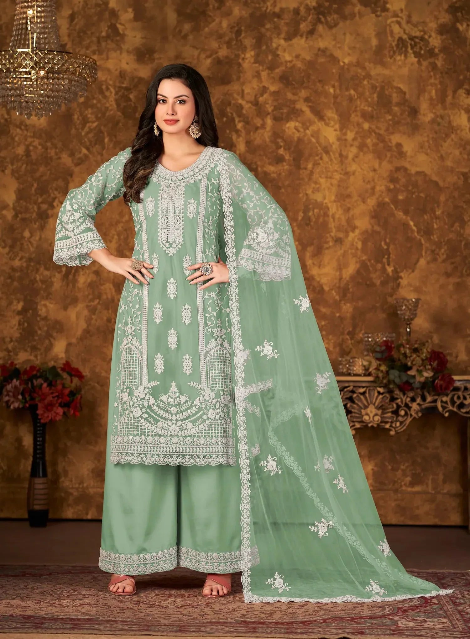 Pista Green Net Salwar Suit With Thread & Sequence Embroidery Work