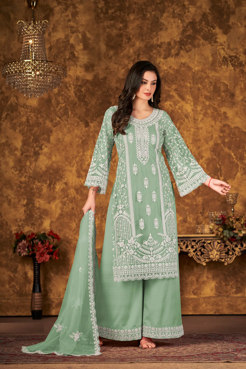 Pista Green Net Salwar Suit With Thread & Sequence Embroidery Work