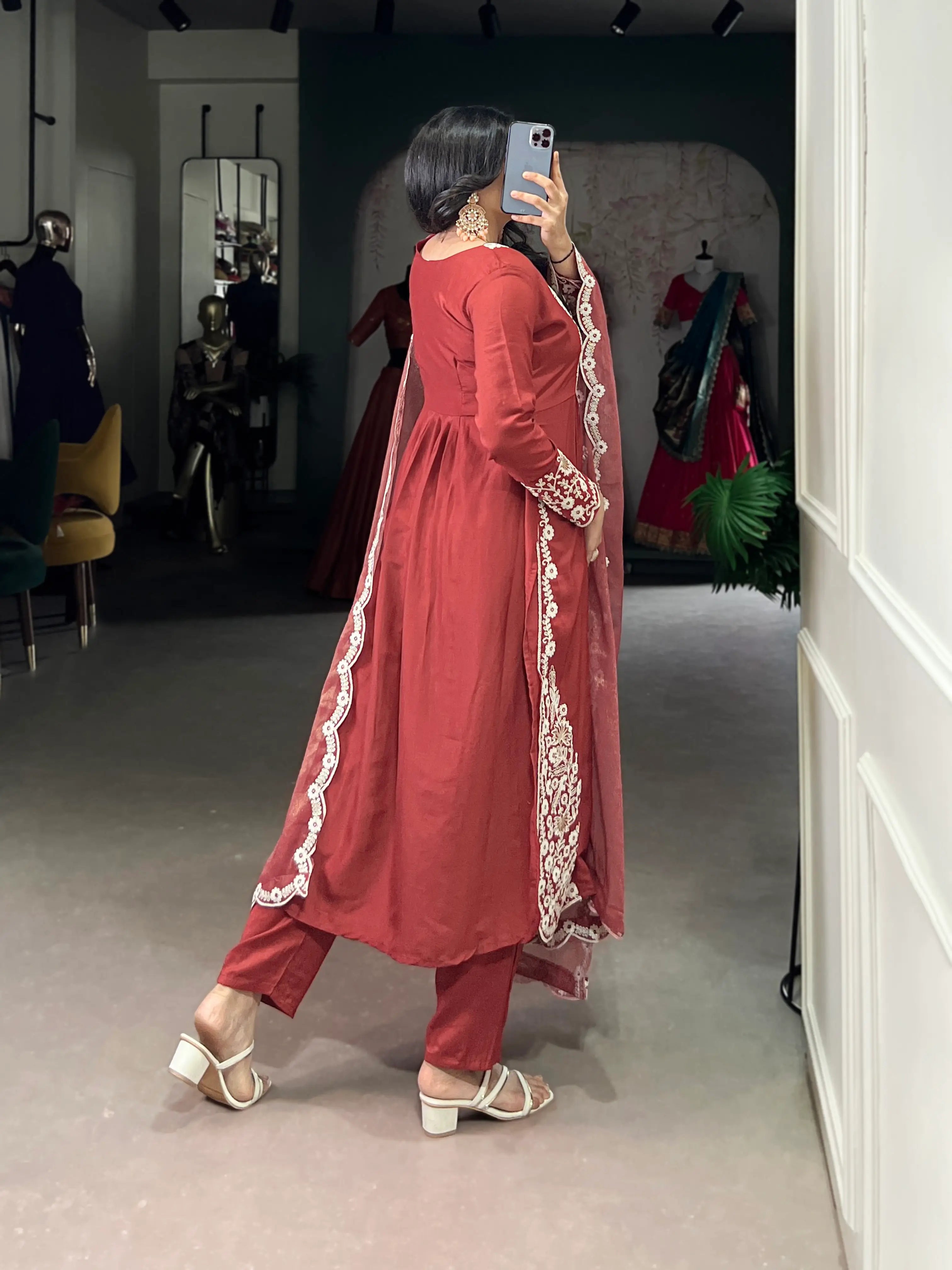 Rust Orange Cotton Salwar Suit With Thread & Sequins Embroidery Work