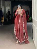 Rust Orange Cotton Salwar Suit With Thread & Sequins Embroidery Work