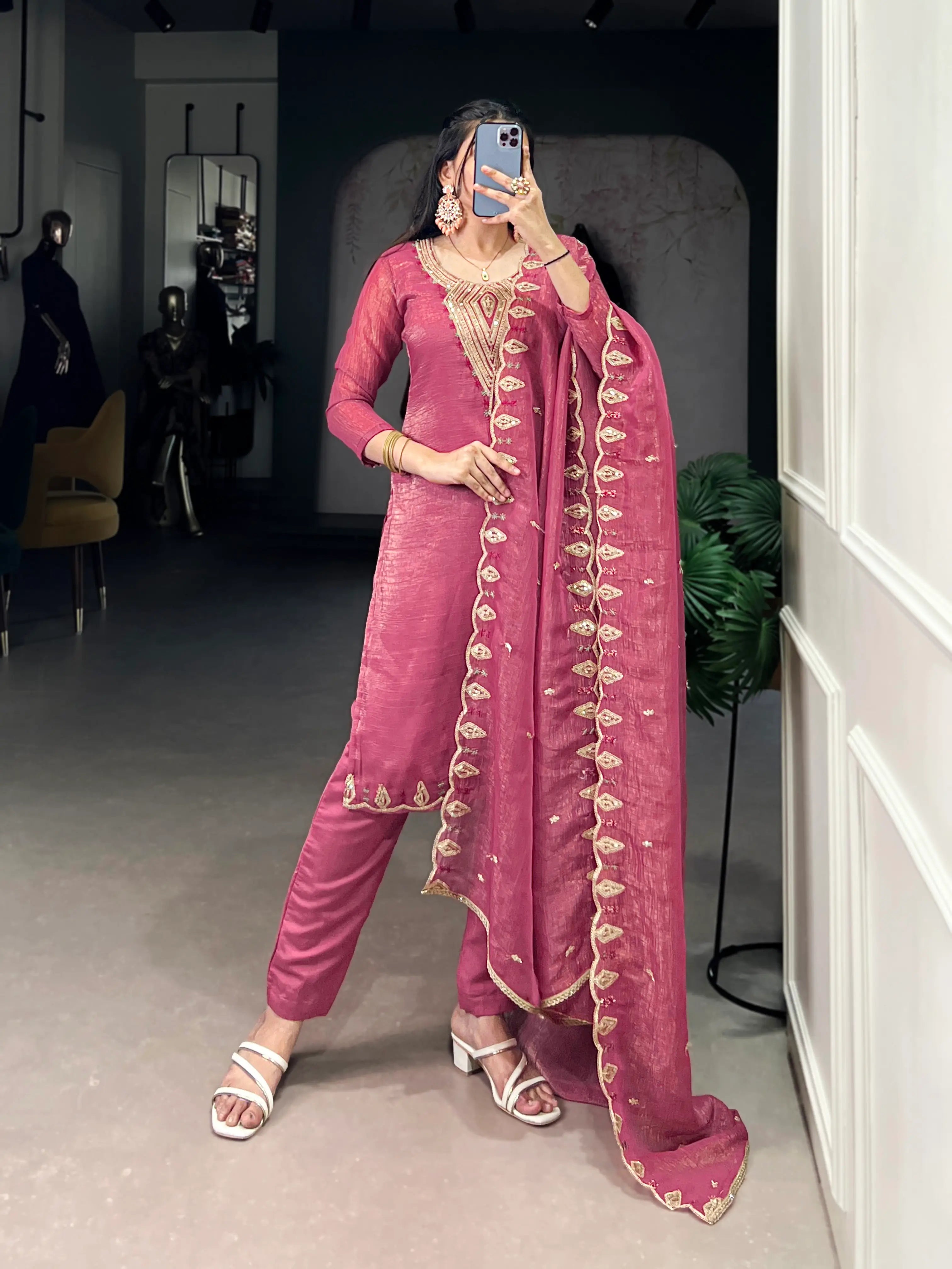 Light Pink Salwar Suit With Sequins & Thread Embroidery Work