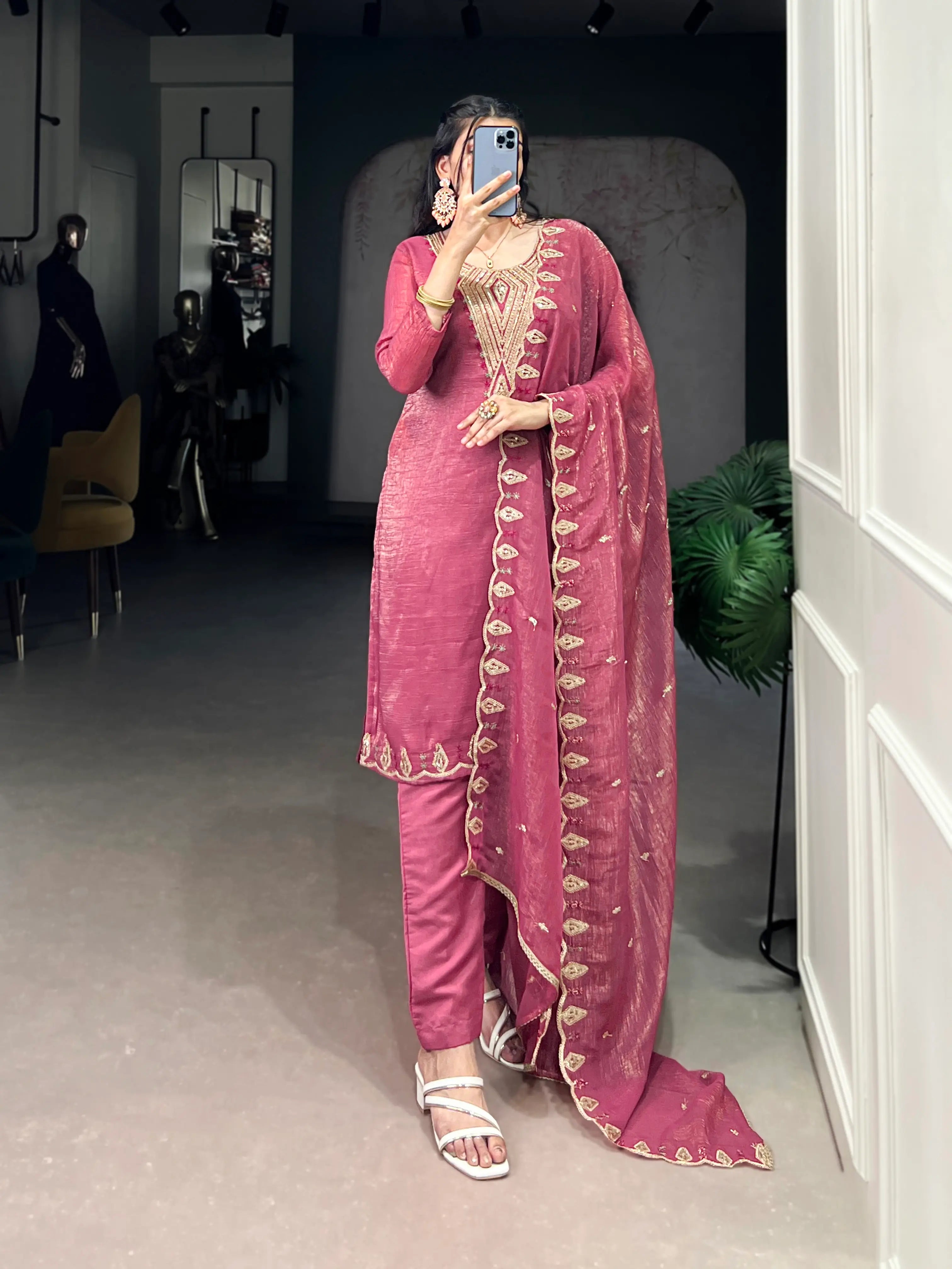 Light Pink Salwar Suit With Sequins & Thread Embroidery Work