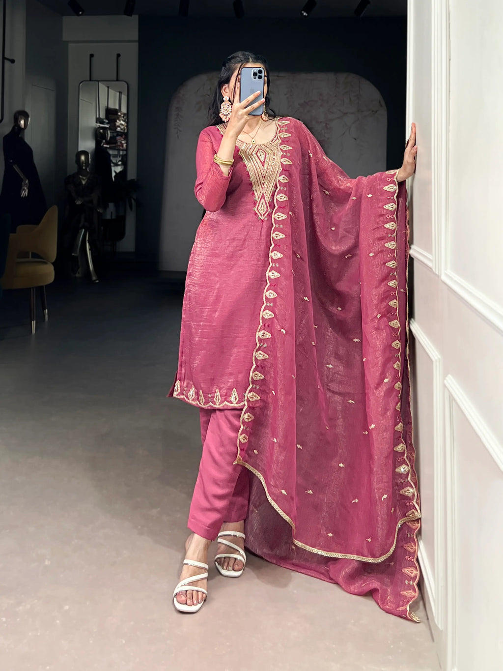 Light Pink Salwar Suit With Sequins & Thread Embroidery Work