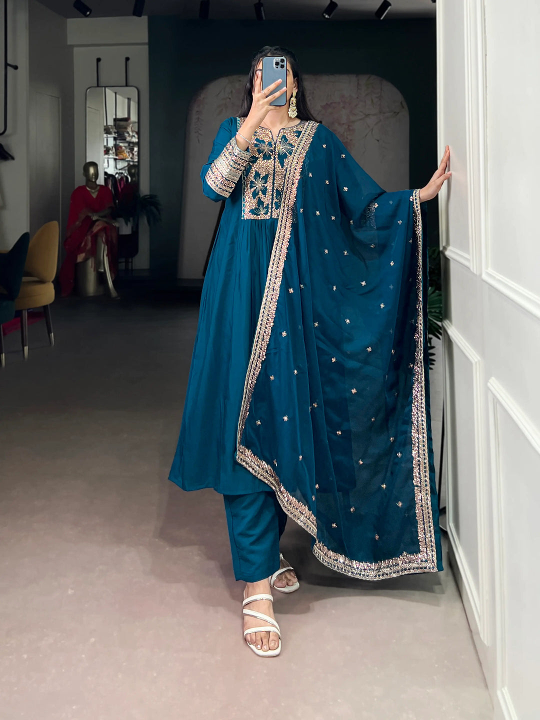 Dark Teal Roman Silk Embroidery Salwar Suit