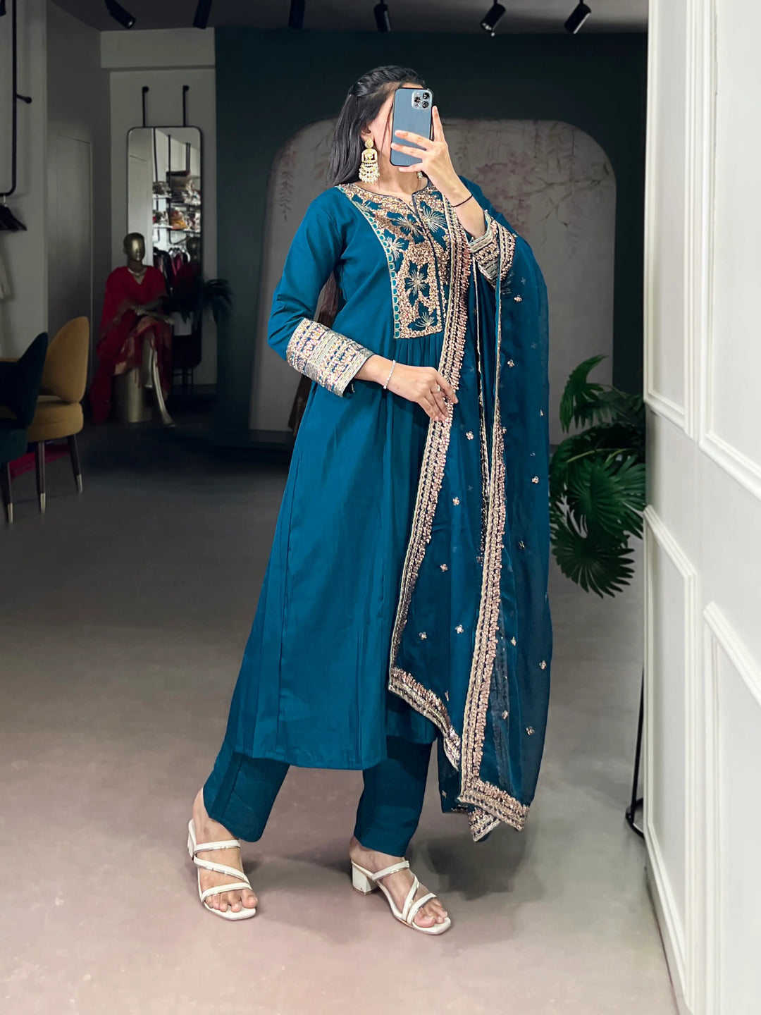 Dark Teal Roman Silk Embroidery Salwar Suit