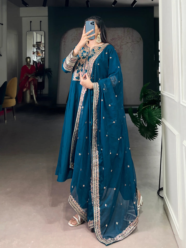 Dark Teal Roman Silk Embroidery Salwar Suit