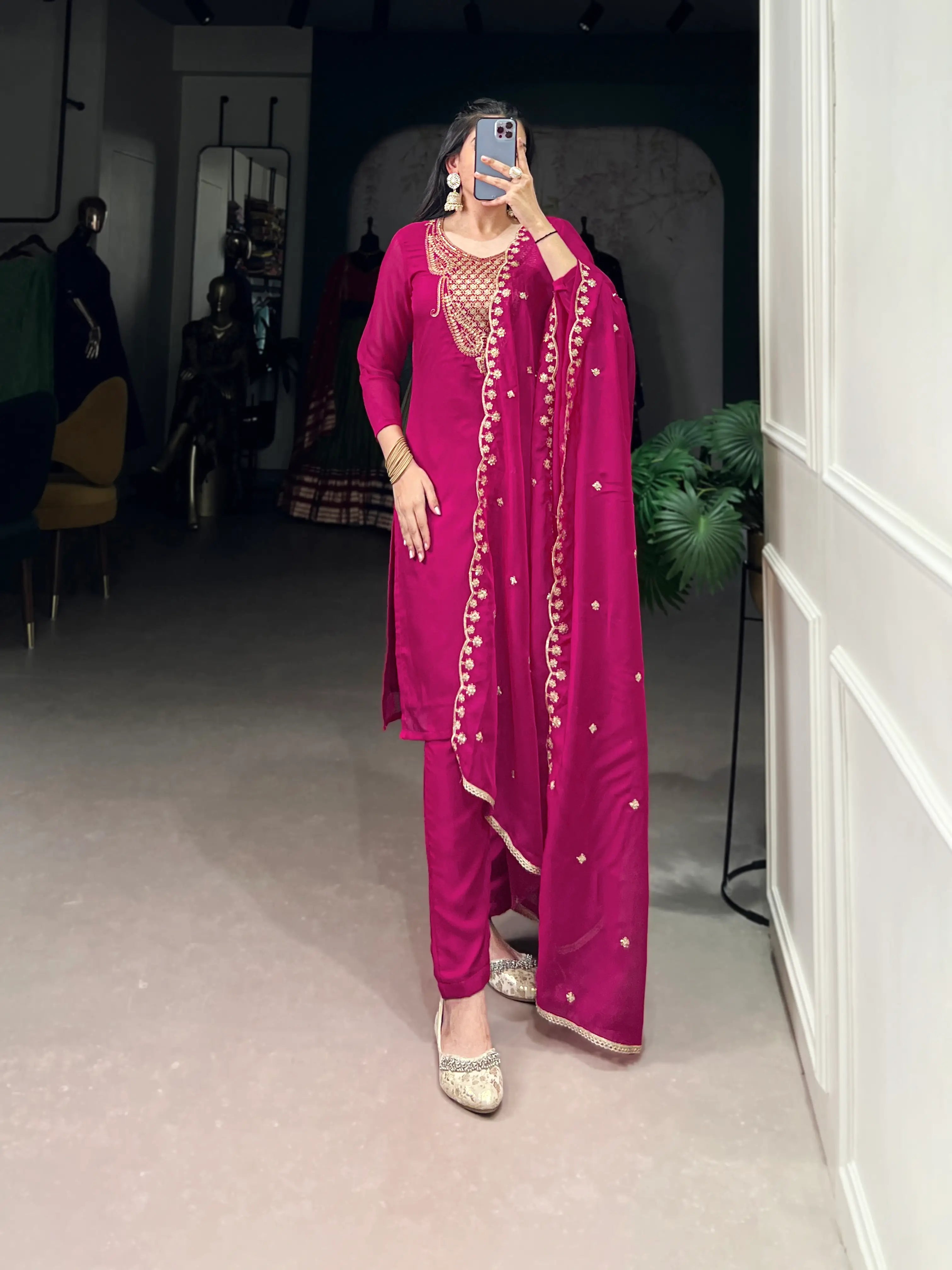 Dark Pink Organza Salwar Suit With Sequins & Thread Embroidery Work