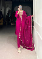 Dark Pink Organza Salwar Suit With Sequins & Thread Embroidery Work