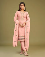 Peach Pink Embroidery Work With Stone Embellished Straight Salwar Suit Set