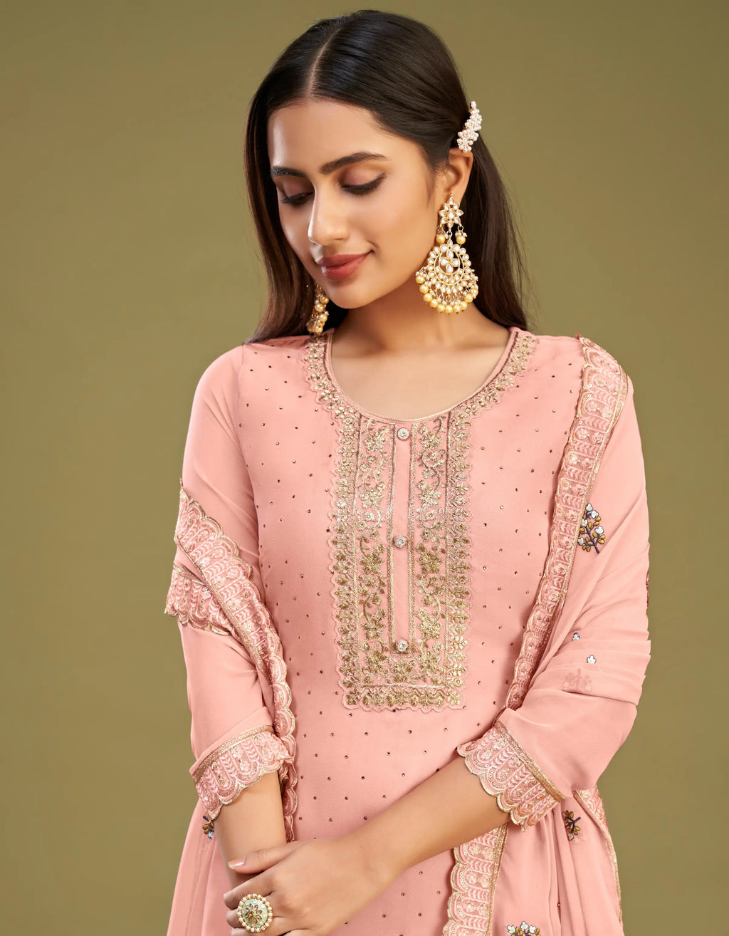 Peach Pink Embroidery Work With Stone Embellished Straight Salwar Suit Set