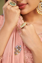 Peach Pink Embroidery Work With Stone Embellished Straight Salwar Suit Set