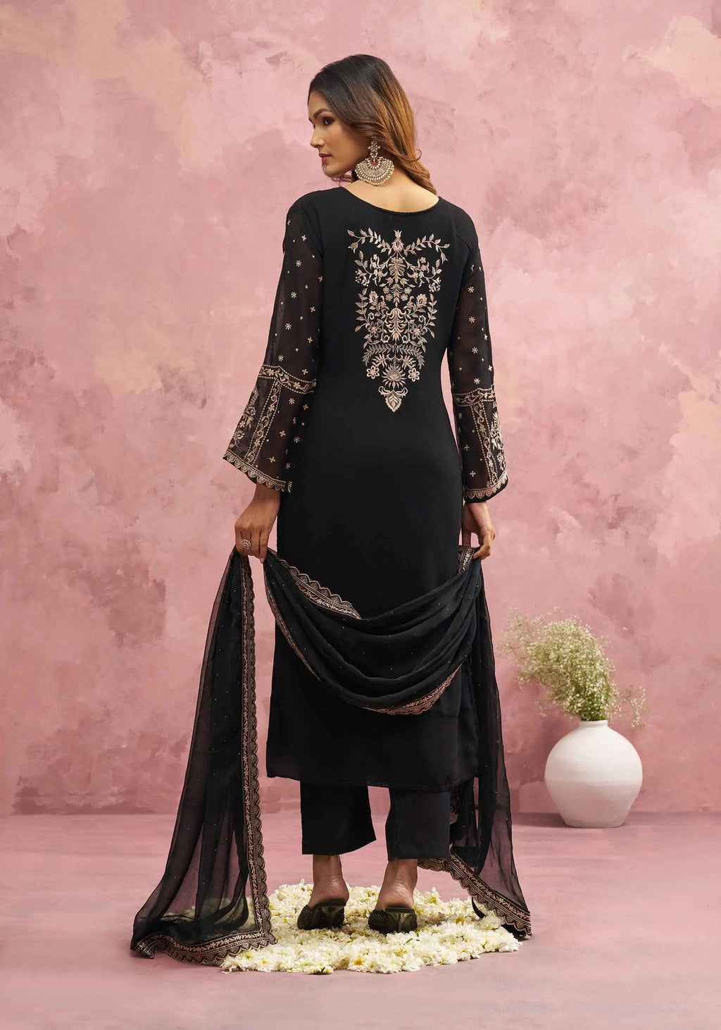 Most Trendy Black Embroidery Work With Khatli Work salwar Suit