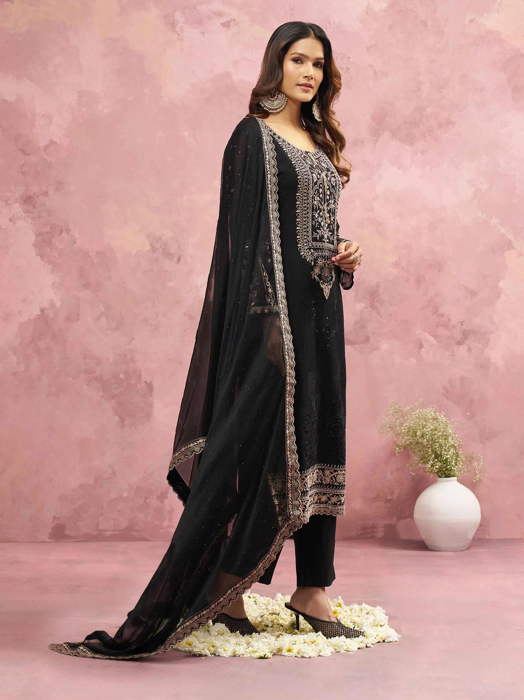 Most Trendy Black Embroidery Work With Khatli Work salwar Suit