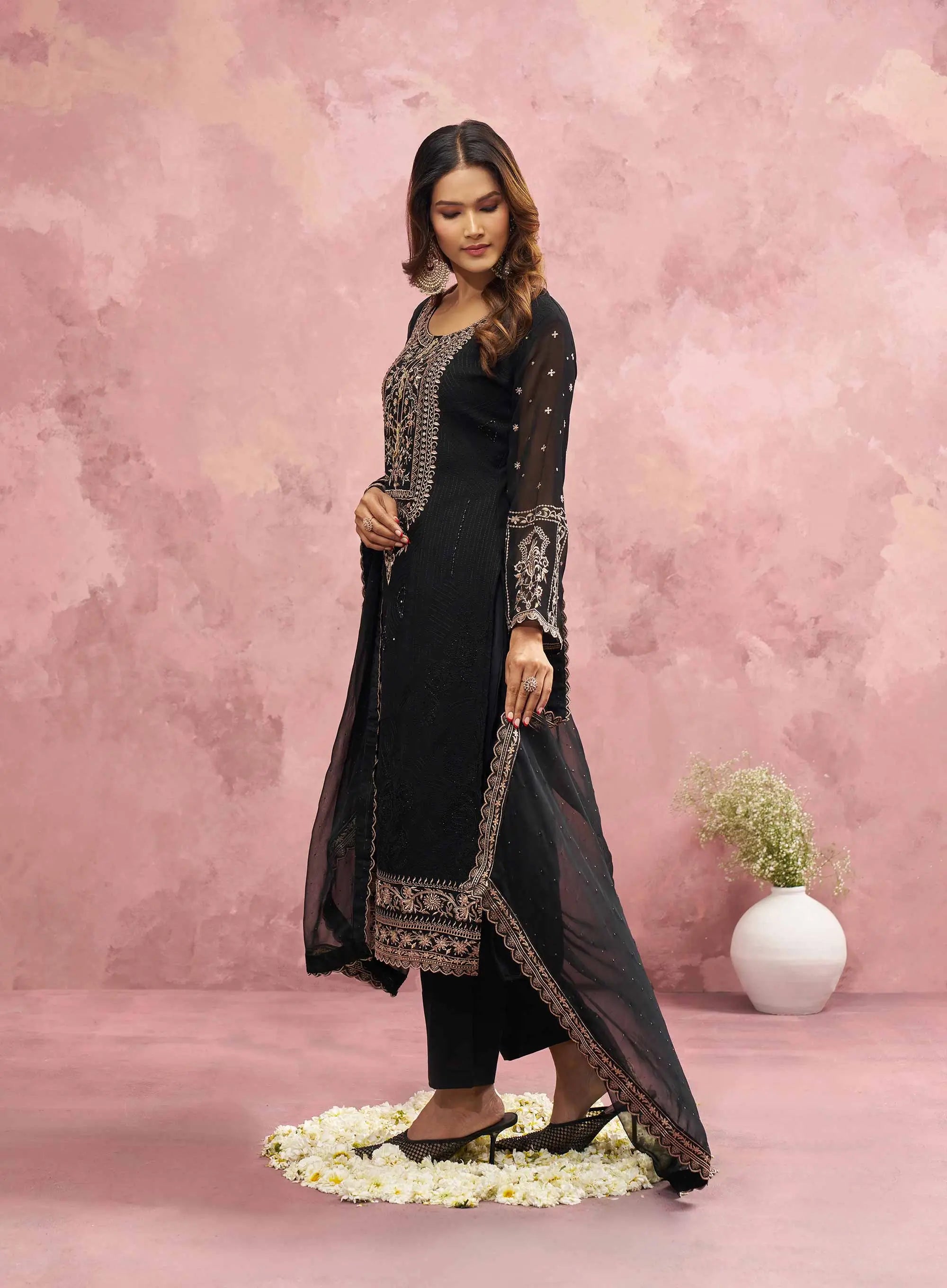 Most Trendy Black Embroidery Work With Khatli Work salwar Suit