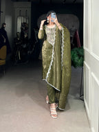 Olive Green Gold Crush Salwar Suit With Sequins & Thread Embroidery Work