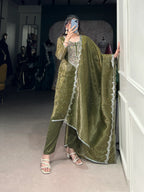Olive Green Gold Crush Salwar Suit With Sequins & Thread Embroidery Work