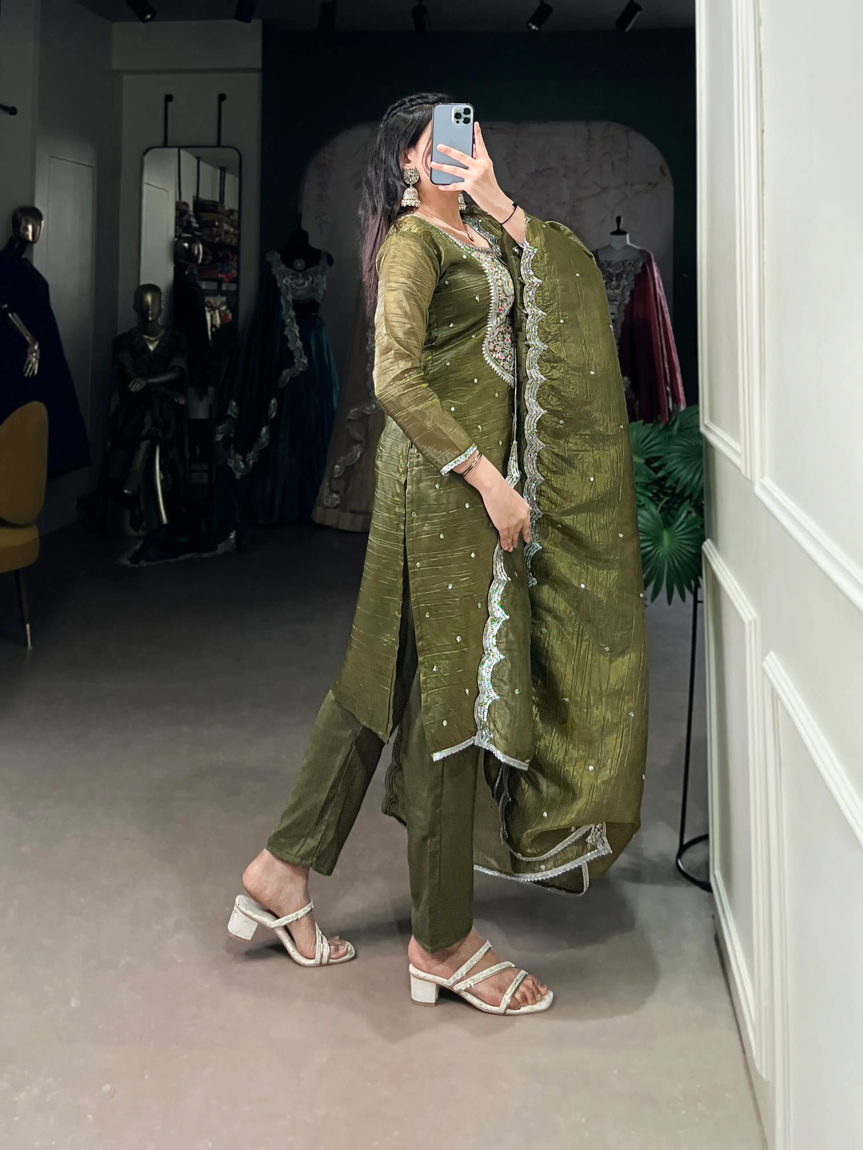 Olive Green Gold Crush Salwar Suit With Sequins & Thread Embroidery Work