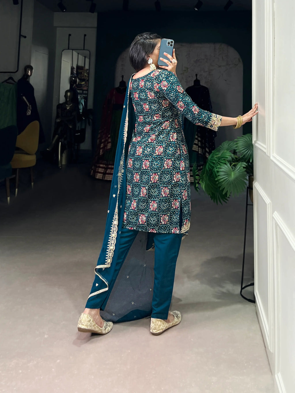 Teal Blue Rayon Salwar Suit With Print & Embroidery Work