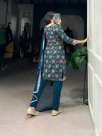 Teal Blue Rayon Salwar Suit With Print & Embroidery Work