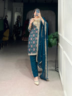 Teal Blue Rayon Salwar Suit With Print & Embroidery Work