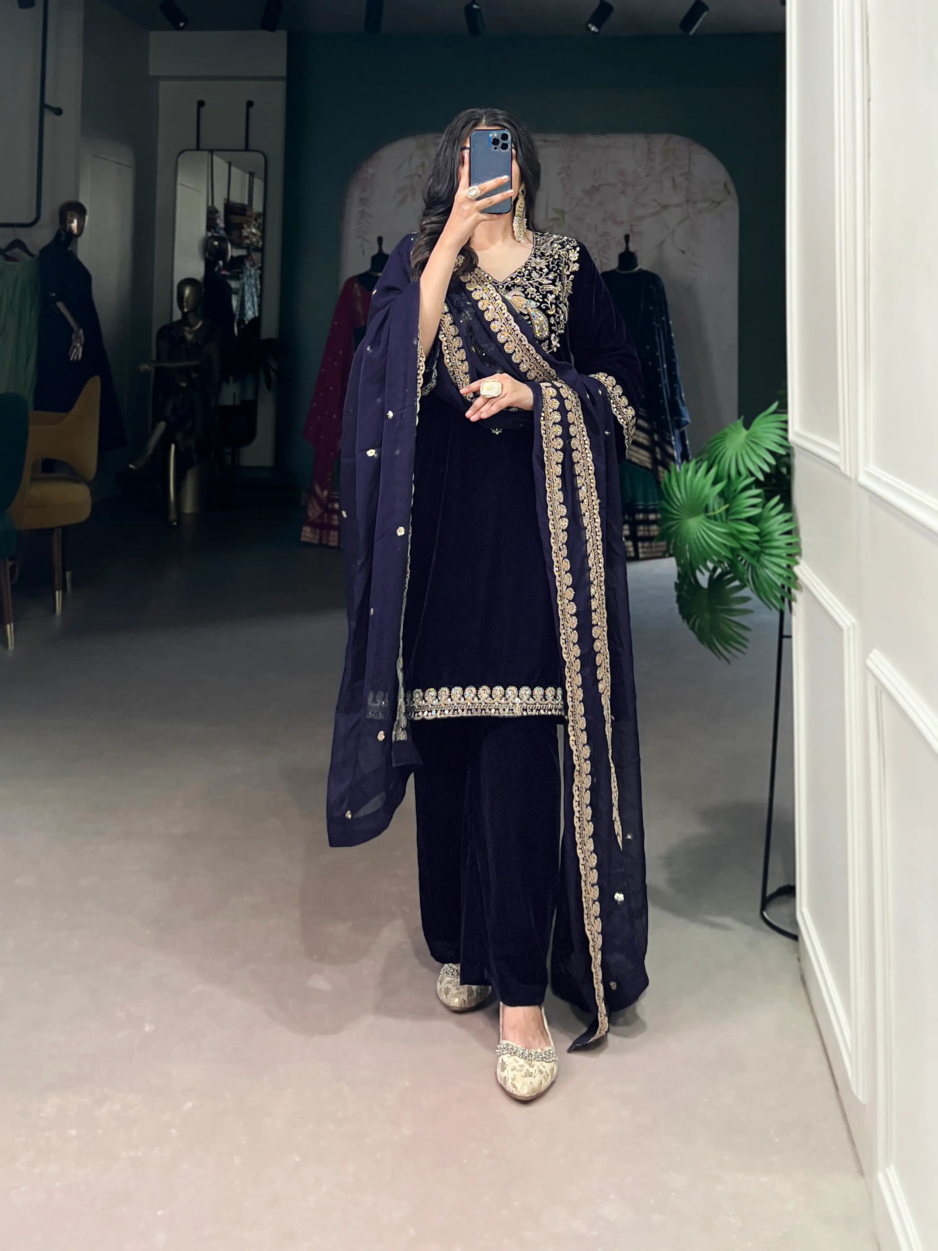 Navy Blue Velvet Sequins & Embroidery Work Salwar Suit