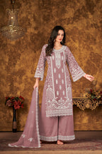 Dusty Peach Net Salwar Suit With Thread & Sequence Embroidery Work