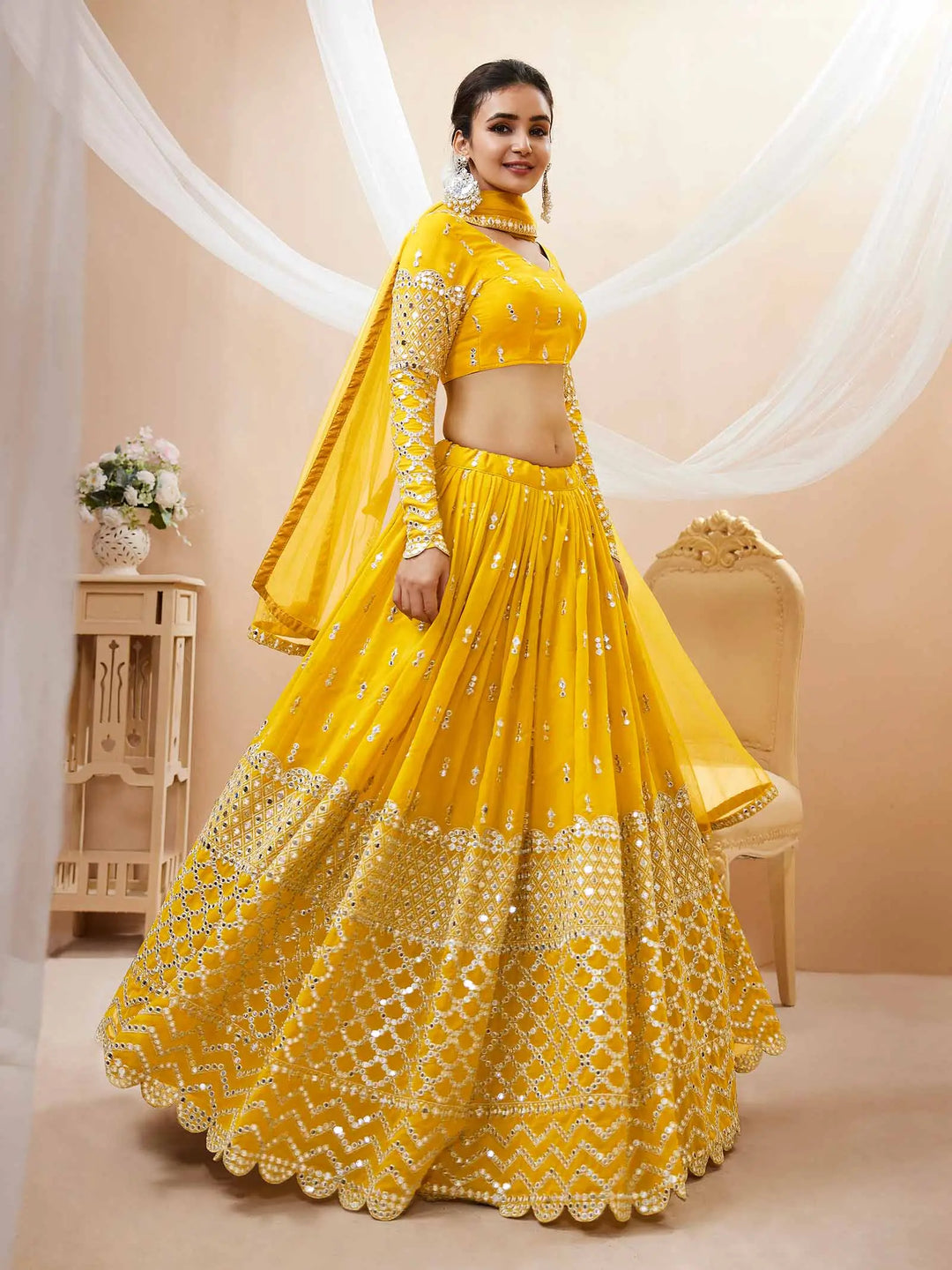 Yellow Lehenga choli With Sequence And Zari Embroidery Work With Soft Net dupatta | Ready To Wear - qivii
