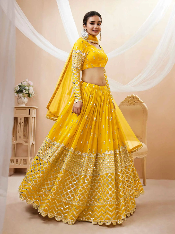 Yellow Lehenga choli With Sequence And Zari Embroidery Work With Soft Net dupatta | Ready To Wear - qivii