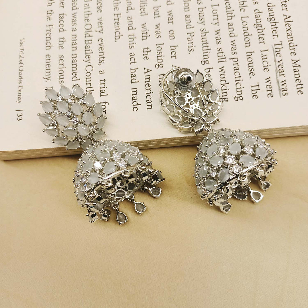  Exquisite Light Grey Silver Plated American Diamond Jhumki with Pear Shape Stone
