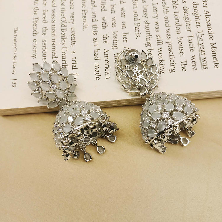 Exquisite Light Grey Silver Plated American Diamond Jhumki with Pear Shape Stone