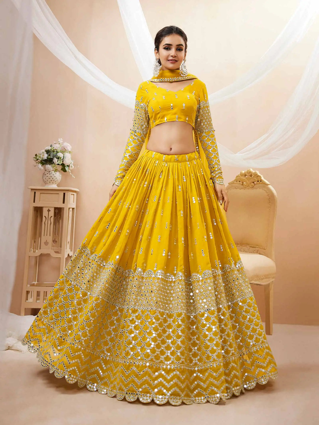 Yellow Lehenga choli With Sequence And Zari Embroidery Work With Soft Net dupatta | Ready To Wear - qivii