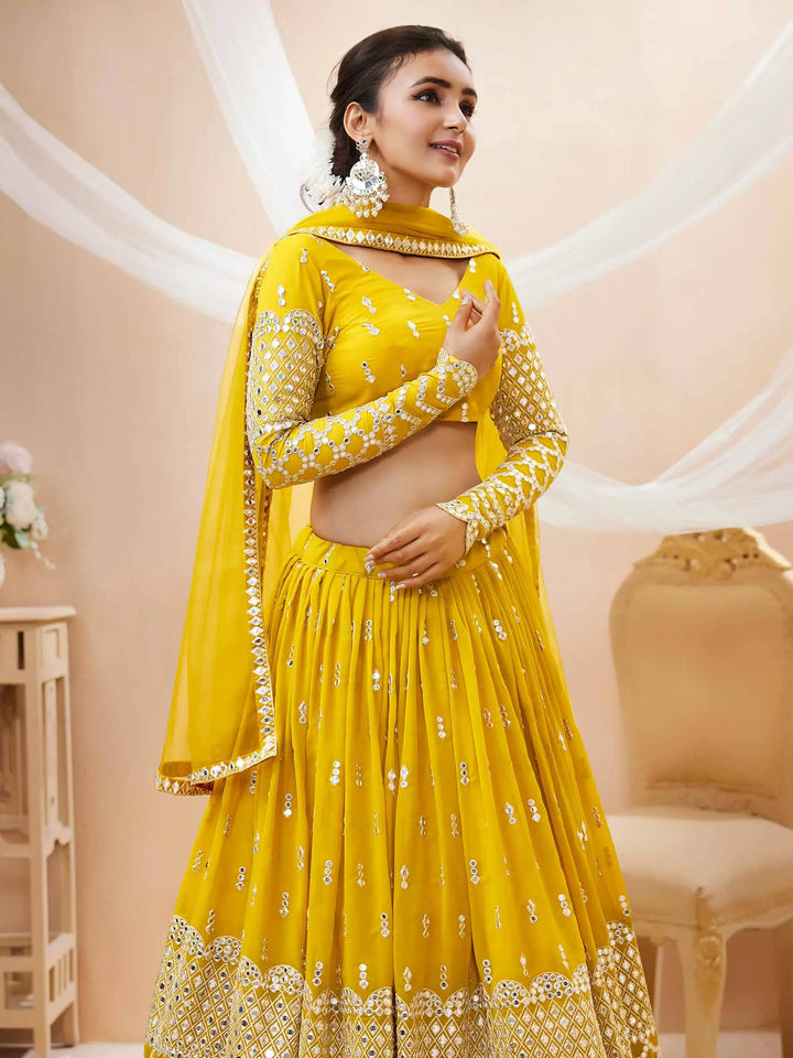 Yellow Lehenga choli With Sequence And Zari Embroidery Work With Soft Net dupatta | Ready To Wear - qivii